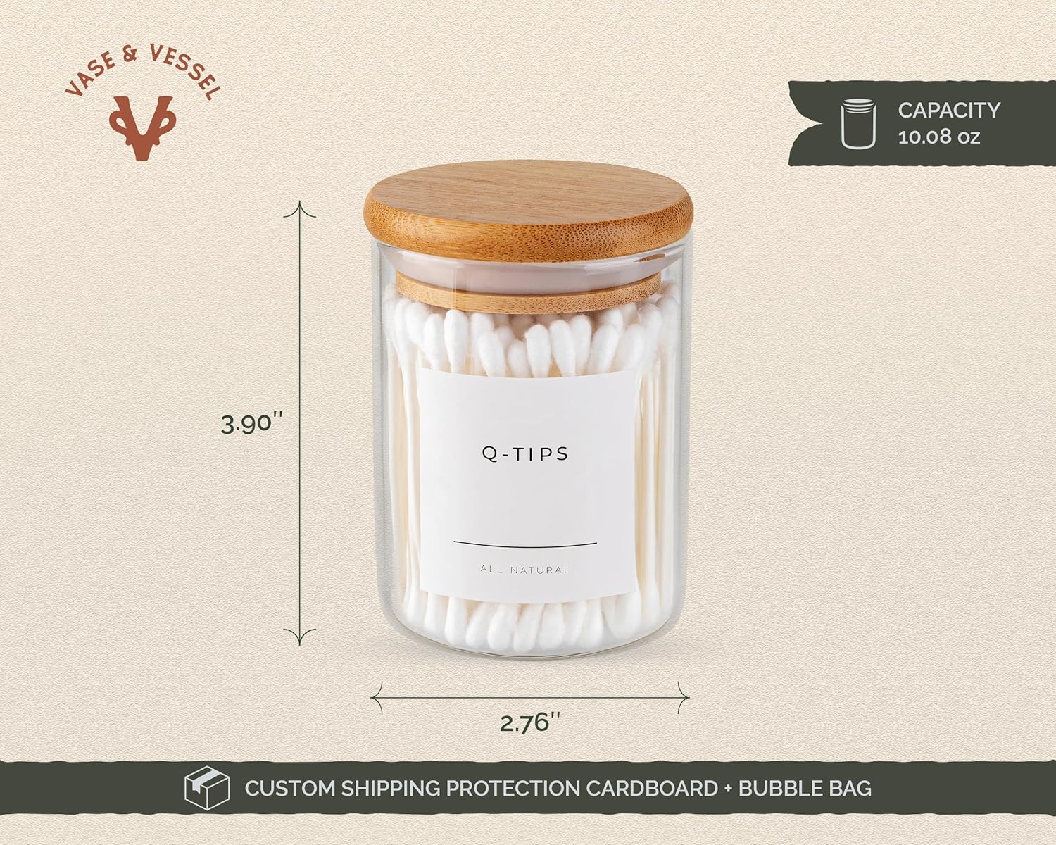 Vase and Vessel Mini Glass Apothecary Jars - Bamboo Lids for Bathroom & Kitchen Storage | 10 oz, Set of 3