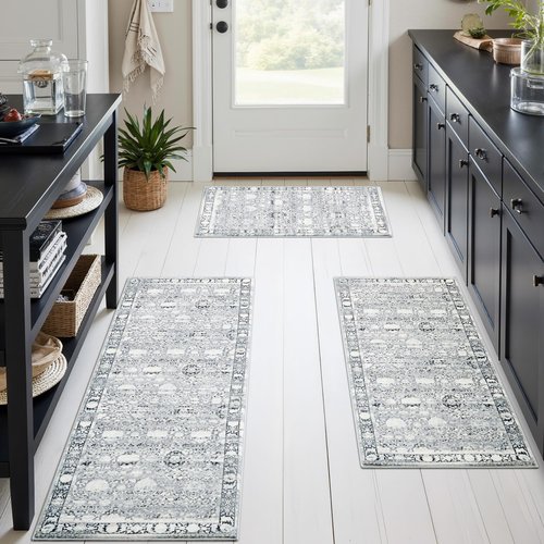 GRANNY SAYS Boho Kitchen Rug Sets of 3, Non Slip Washable Faux Wool Kitchen Mats for Floor, Thick Soft Anti-Fatigue Comfort Standing Mat Runner Rugs for Hallway Laundry Room, Grey