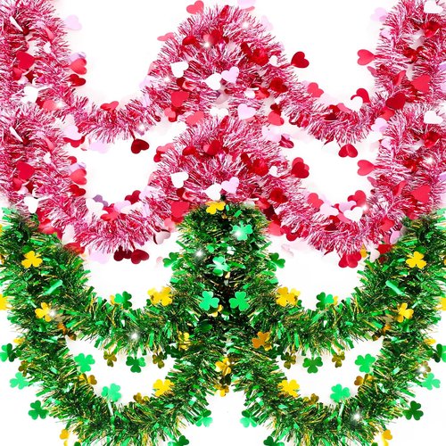 Craftsatin 52ft St Patricks Day Decorations Irish Tinsel Garland Red Pink Heart Gold Green Shamrock Tinsel Garland for Home Indoor Outdoor Wedding Hanging Valentines Irish Holiday Party Decor