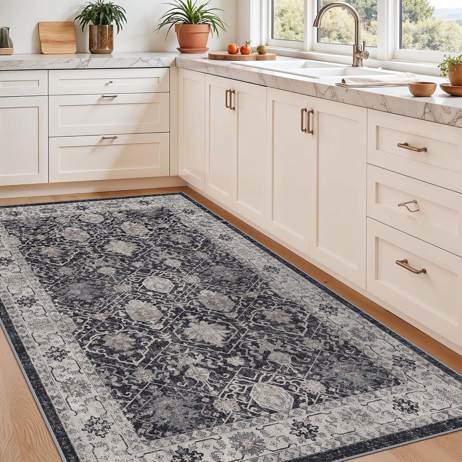Skiennix 4x6 Living Room Area Rug - Washable Non-Slip Boho Design | Low Pile Neutral Carpet for Kids Room, Office, Kitchen