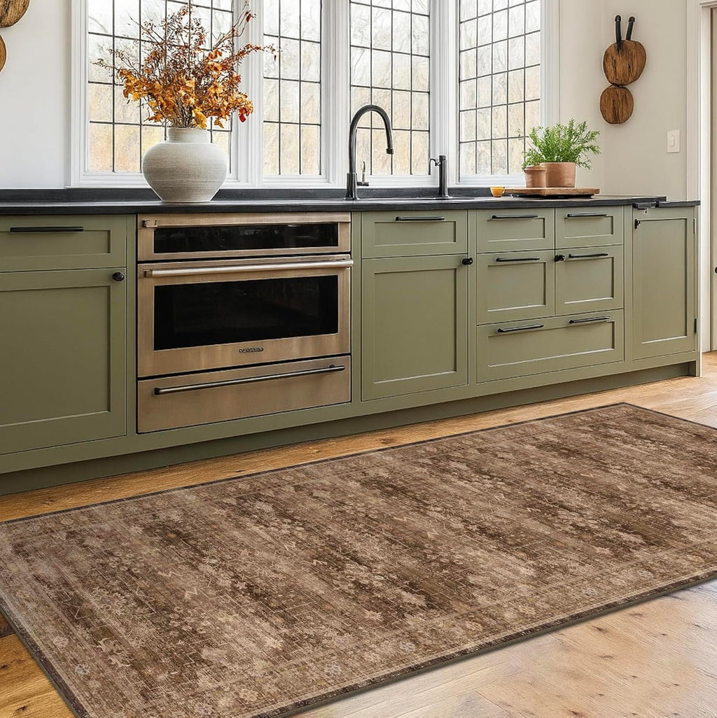 Regine Switzerland Brown Washable Long Runner Rug - Non-Slip Rubber Backing | 3x8 ft Boho Vintage Design for Hallways & Entryways