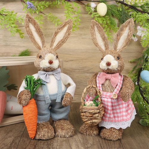 DR.DUDU Easter Decorations - Set of 2 14" Sisal Bunny Figurines with Carrot & Egg for Spring Home Decor