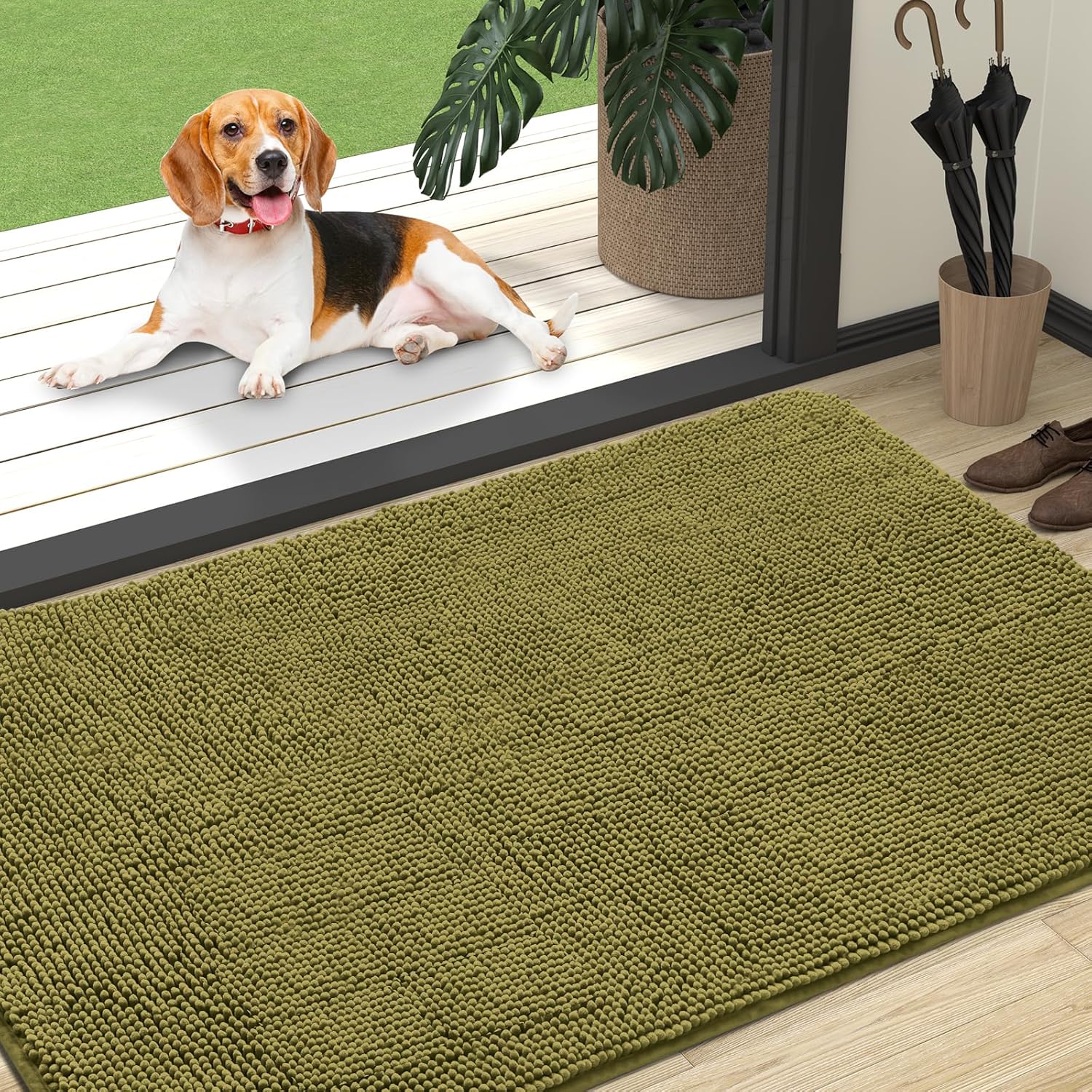OLANLY Dog Door Mat - Absorbent Non-Slip Washable Doormat for Muddy Paws | 47x32, Willow Green