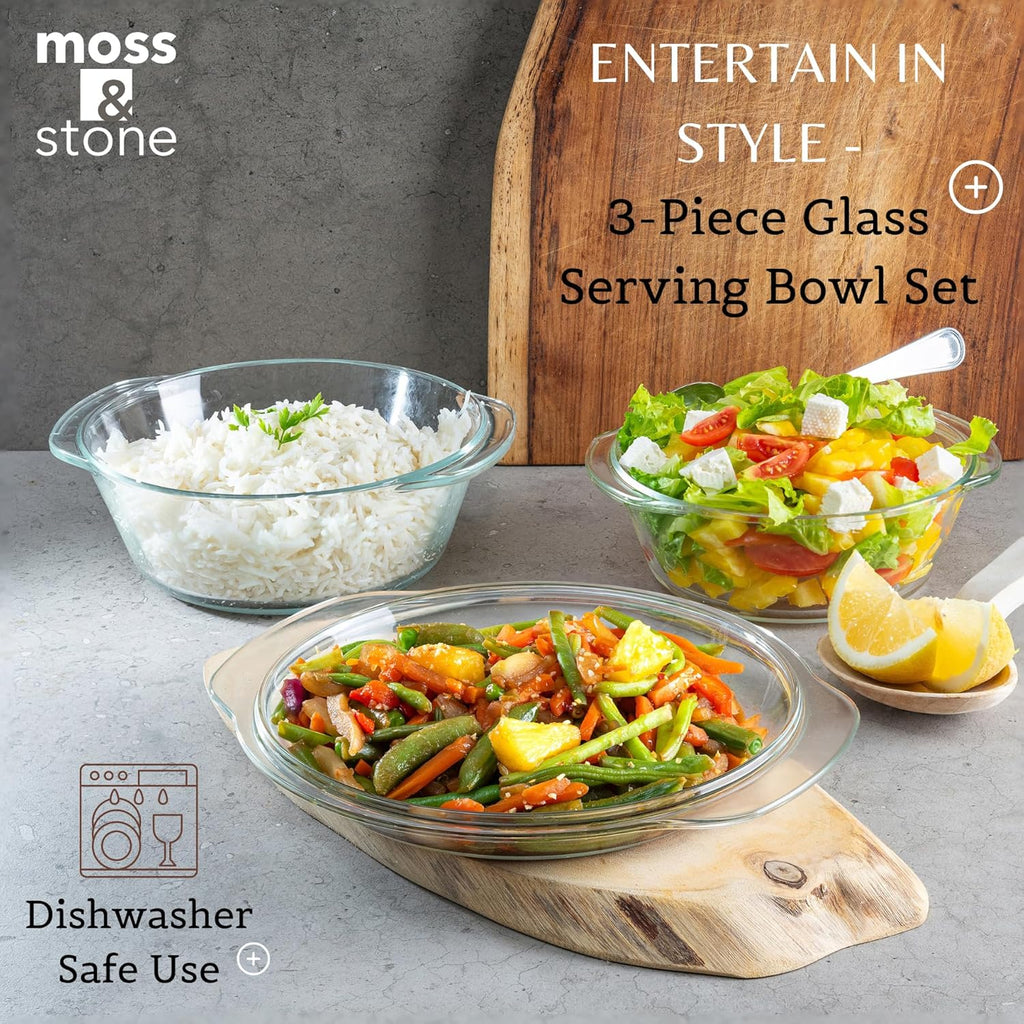 Moss & Stone 6-Piece Clear Glass Casserole Dishes Set - Durable Tempered Bakeware with Lids | Microwave Safe, 3 Round Sizes