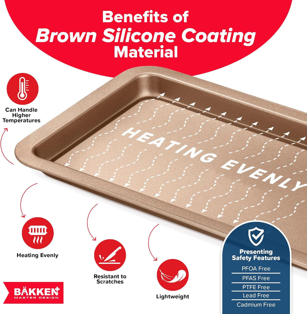BAKKEN 3-Piece Nonstick Baking Pan Set - Small, Medium & Large Oven Safe Trays, Space-Saving Design, Brown