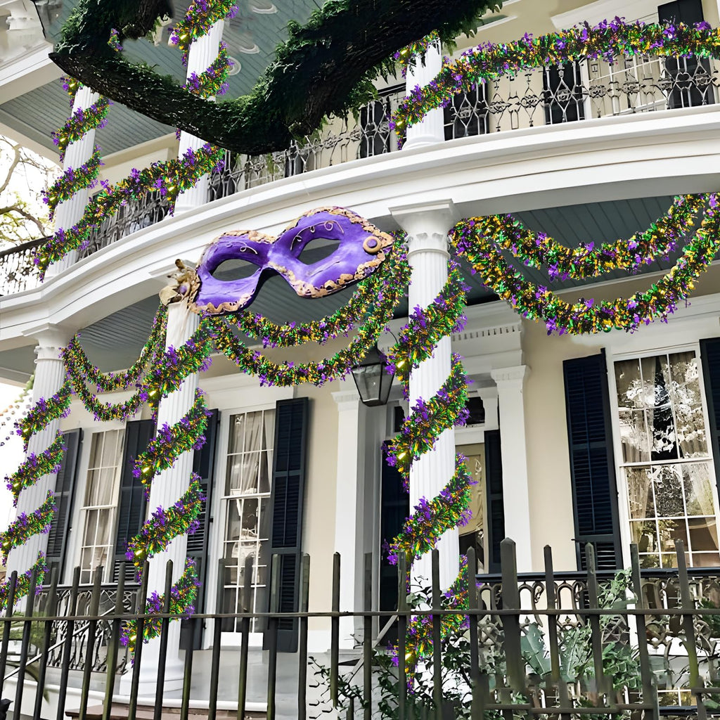 Mega-L Mardi Gras Tinsel Garland Decorations, 2 Pack 26.25Ft Green Gold Purple with Fleur-De-Lis Chunky Glittery Holiday Hanging Tinsel Decorations for Carnival Parade Car Party Supplies Home Decor
