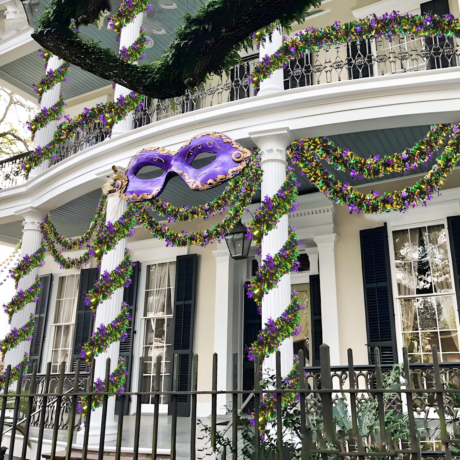 Mega-L Mardi Gras Tinsel Garland Decorations, 2 Pack 26.25Ft Green Gold Purple with Fleur-De-Lis Chunky Glittery Holiday Hanging Tinsel Decorations for Carnival Parade Car Party Supplies Home Decor