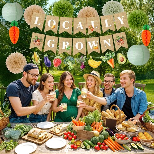 Kriyokiaa Locally Grown Baby Shower Decorations, 12 PCS Farmers Market Baby Shower Decor with Locally Grown Banner, Paper Tissue Pom Poms, Lanterns for Farmers Market Party Decor
