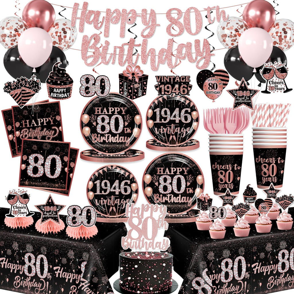 Yingoto 170pcs 80th Birthday Decorations for Women Tableware Set, 1946 Birthday Decorations with Banner Plates Napkins Cups Tablecloth and Cake Topper for 80th Birthday Decorations, Serve 25