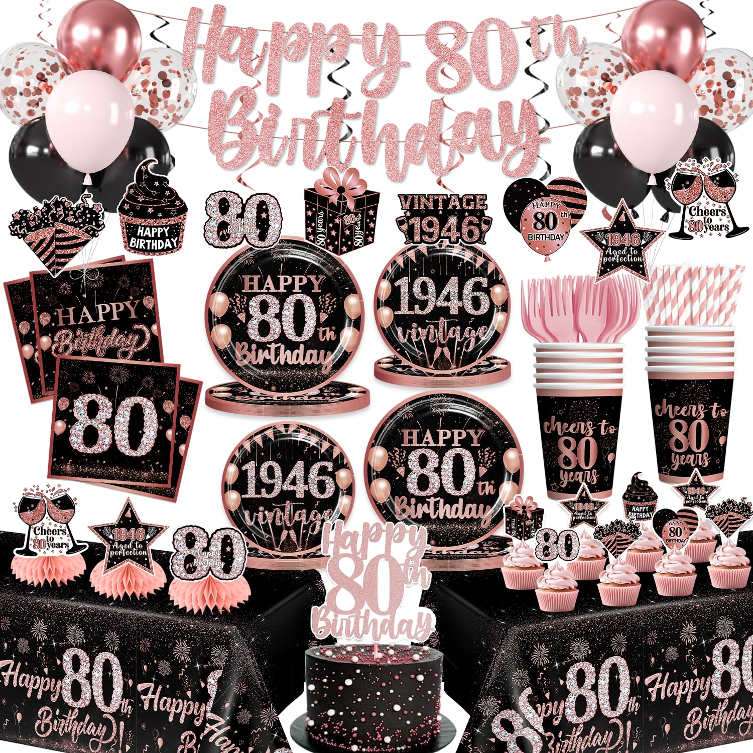 Yingoto 170pcs 80th Birthday Decorations for Women Tableware Set, 1946 Birthday Decorations with Banner Plates Napkins Cups Tablecloth and Cake Topper for 80th Birthday Decorations, Serve 25