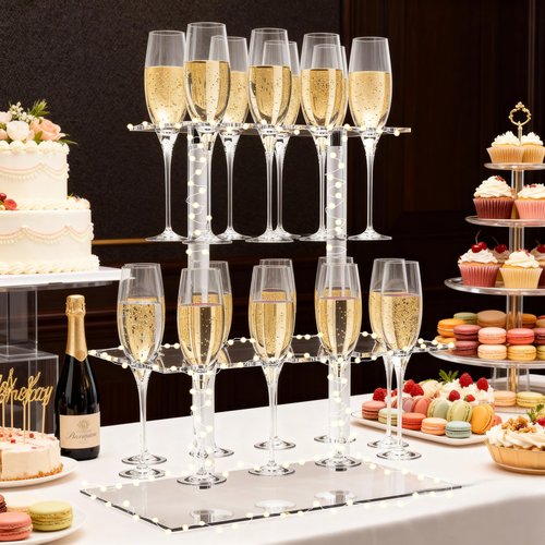HeiMma Champagne Display Holder Stand for Party, With 18 Slots, 2 Tier Clear Acrylic Wine Glass Stemware Rack Champagne Flute Holder with Led Light, Measures 16.5" x 15.7" x 11.8"