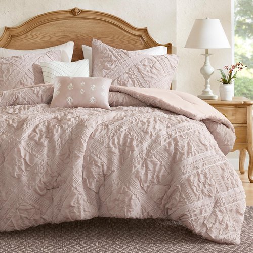 Madison Park Shabby Chic Comforter Set 5-Piece King Size, Puffy Seersucker Textured Grid Pattern Boho Bedding,Dusty Pink Plaid Comforter with 2 Shams & 2 Decorative Pillows