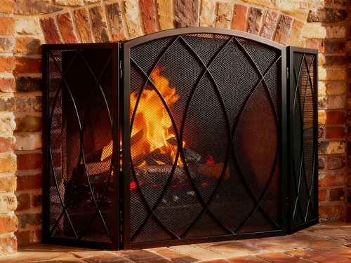 FEED GARDEN 3 Panel Fireplace Screen 48" W x 29.5" H Modern Foldable with Wrought Metal Decorative Mesh,Arch Heavy Duty Fire Spark Guard Cover for Home Decor Indoor, Black
