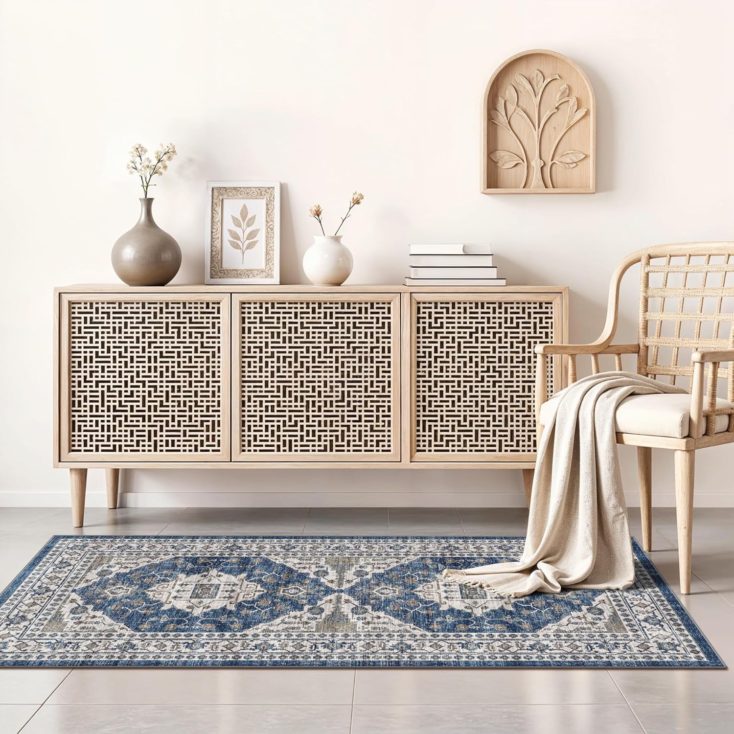 Skiennix Non-Slip Entryway Area Rug - Washable Stain Resistant Kitchen Carpet | Vintage 2x4 Blue Mat