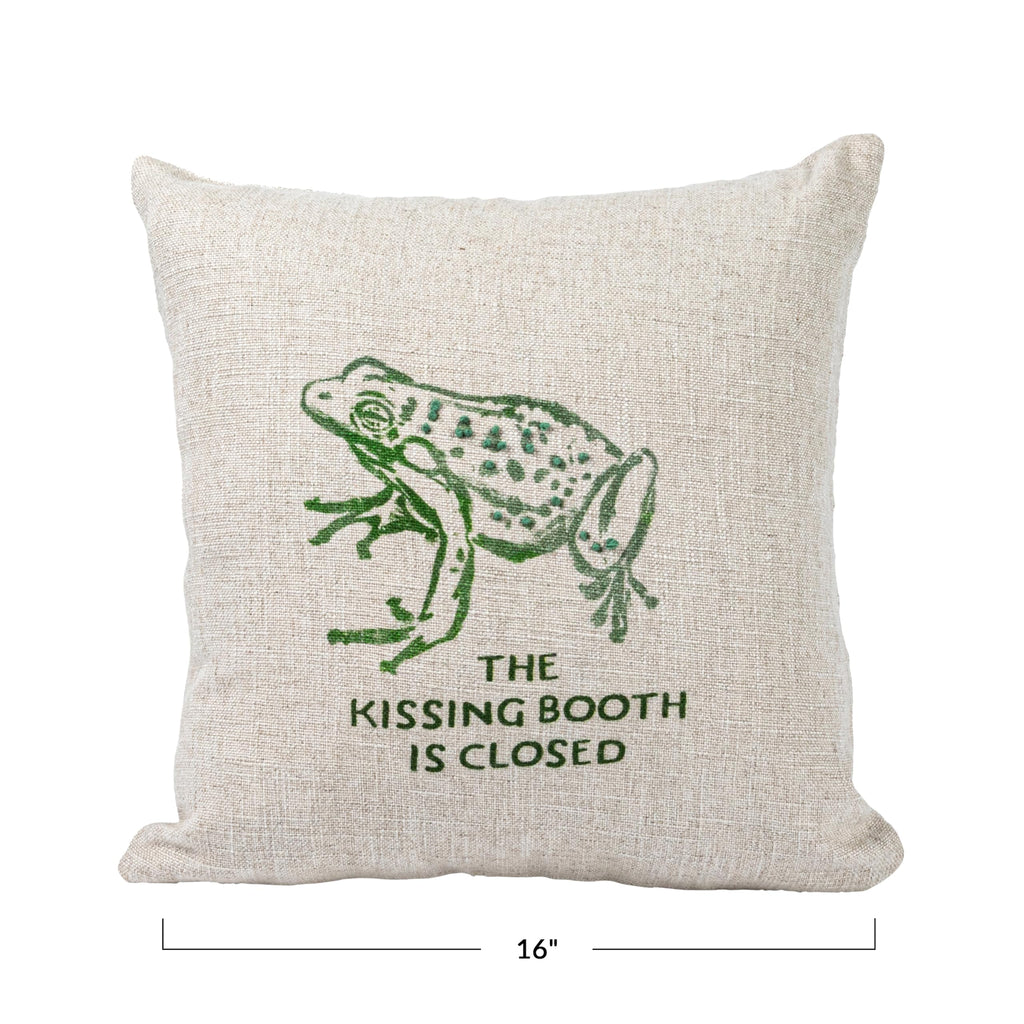 16" Square Linen Blend Printed Pillow with Frog and The Kissing Booth is Closed Text Prints and French Knots, Natural and Green