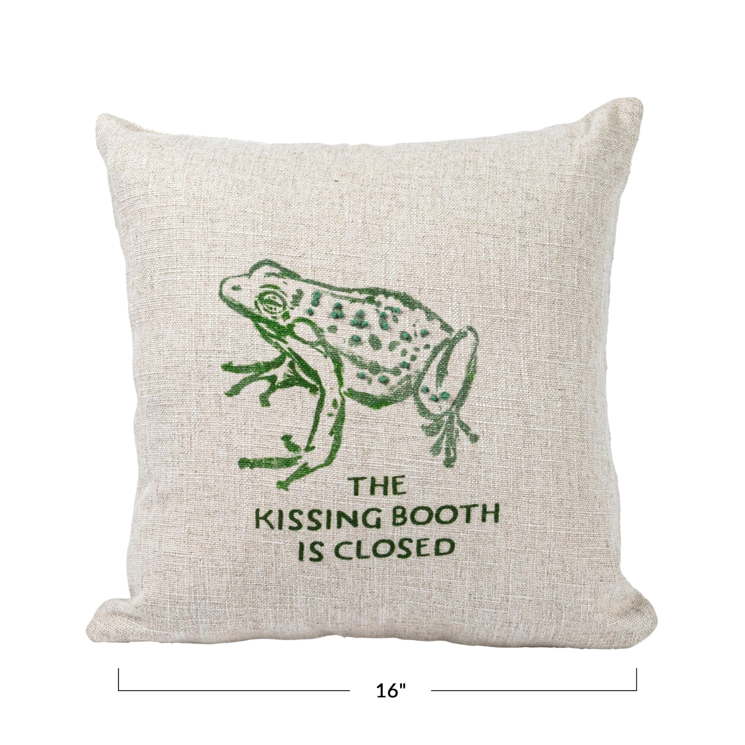 16" Square Linen Blend Printed Pillow with Frog and The Kissing Booth is Closed Text Prints and French Knots, Natural and Green