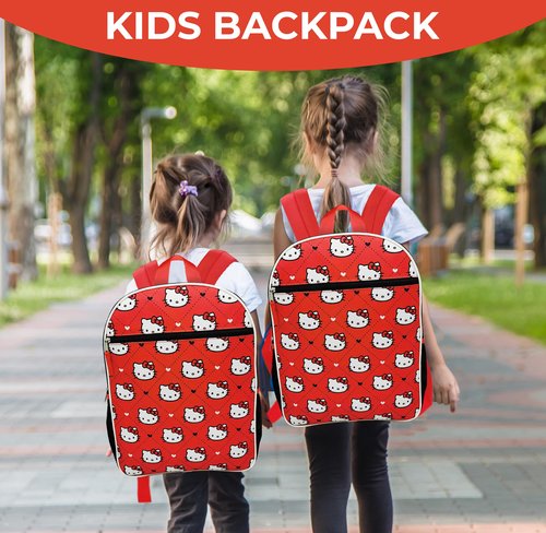 Hello Kitty Backpack for Girls 16 Inch Large School Backpack with Front Pocket, Water Bottle Holders, Adjustable Straps, Cute Red Bookbag for Kids, Back to School
