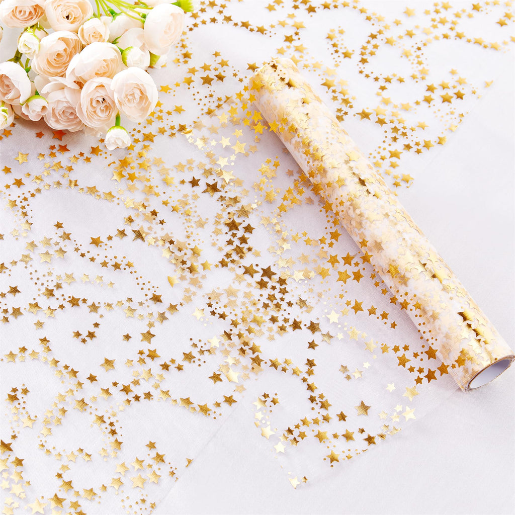 YATOJUZI Gold Table Runner Easter Table Decorations, 16 Ft Golden Star Sheer Chiffon Tulle Table Runners, Sequin Glitter Metallic Gold Foil Centerpiece for Wedding Anniversary Birthday Party