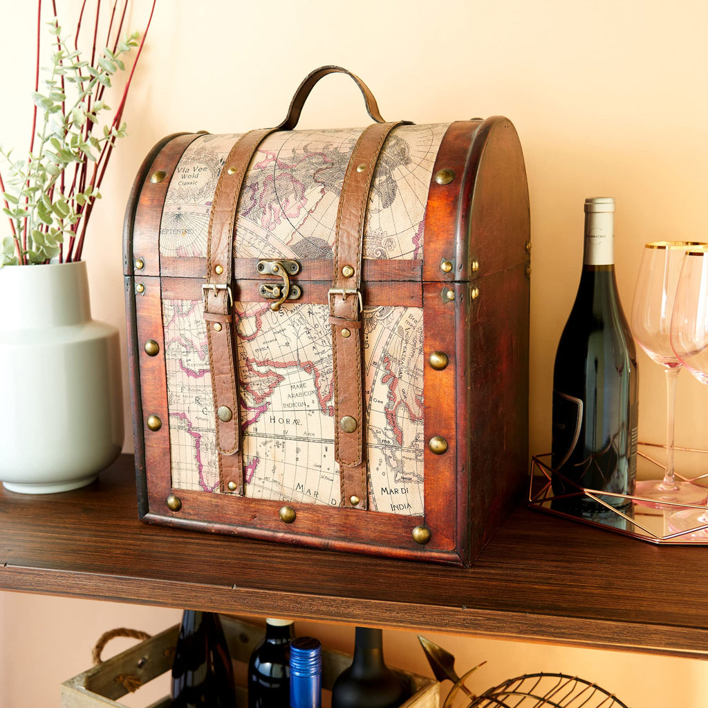 Twine Old World 6 Wooden Wine Bottle Gift Box - Wine Decorative Storage Box with Lid and Handle, Wine Accessory Sets, Wood, Faux Leather in Antique Map Design Liquor Gift Box
