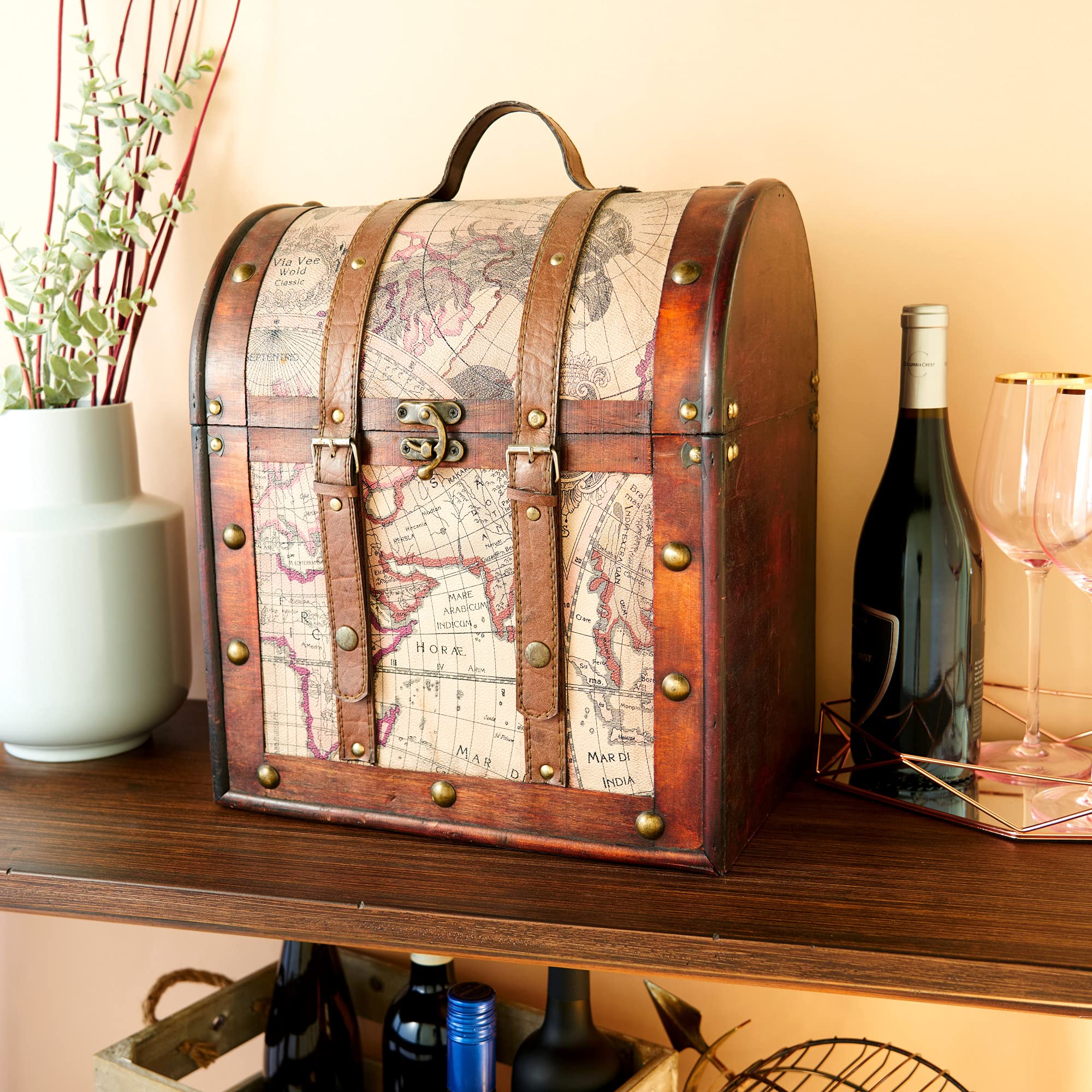 Twine Old World 6 Wooden Wine Bottle Gift Box - Wine Decorative Storage Box with Lid and Handle, Wine Accessory Sets, Wood, Faux Leather in Antique Map Design Liquor Gift Box