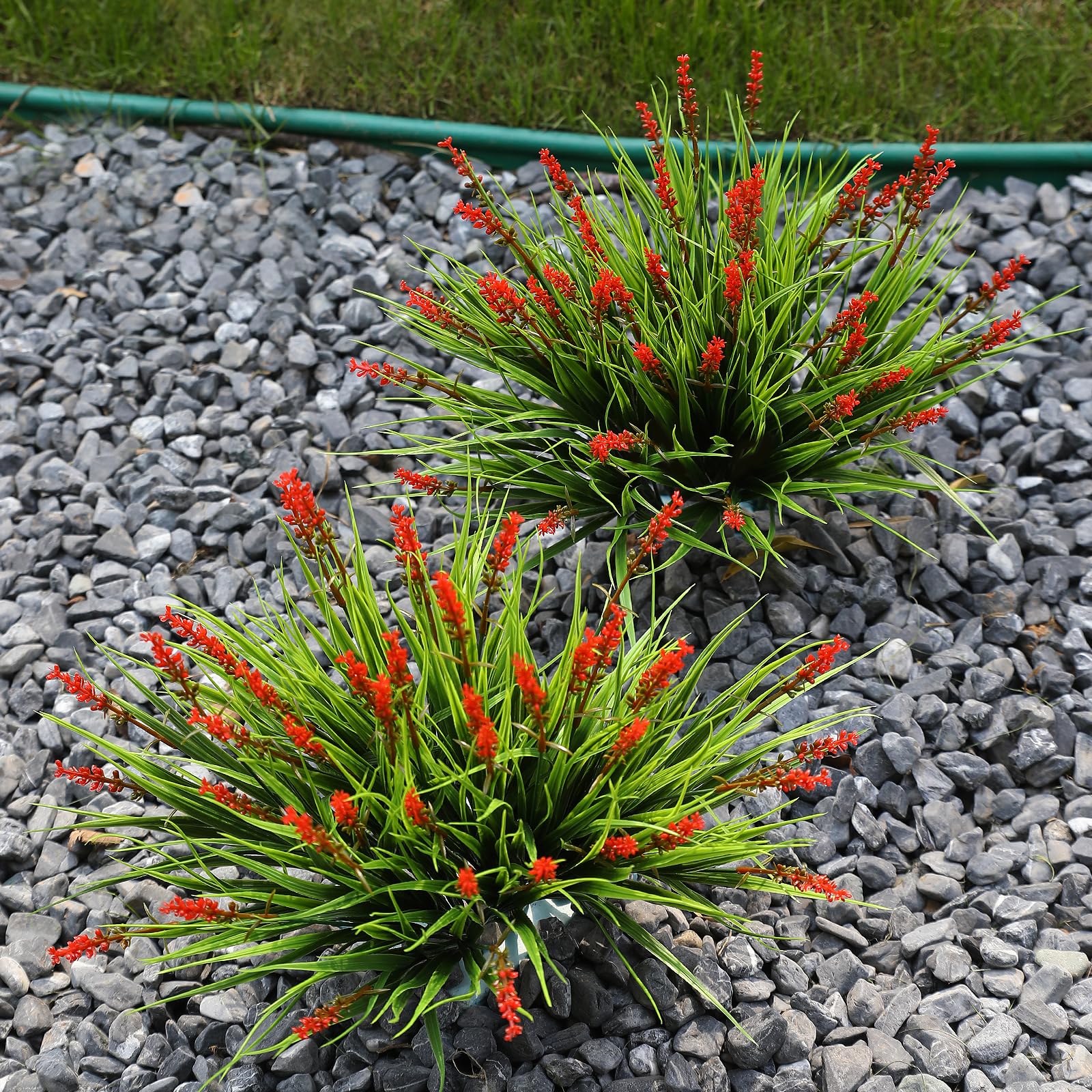 alyptus Artificial Flowers Outdoor 12 Bundles Fake Plants Outside Red Flower Grass Faux Greenery Spring Summer Wildflower Decoration for Outdoors Yard Front Porch Planter Decor (Red Flowers)