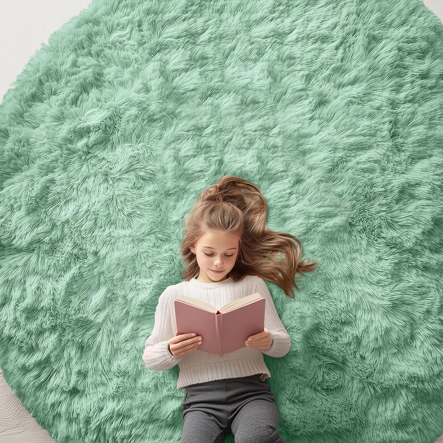 OLANLY Mint Green Round Rug - Soft, Fluffy Shaggy Carpet | 7 ft Machine Washable Area Rug for Bedroom & Living Room Decor