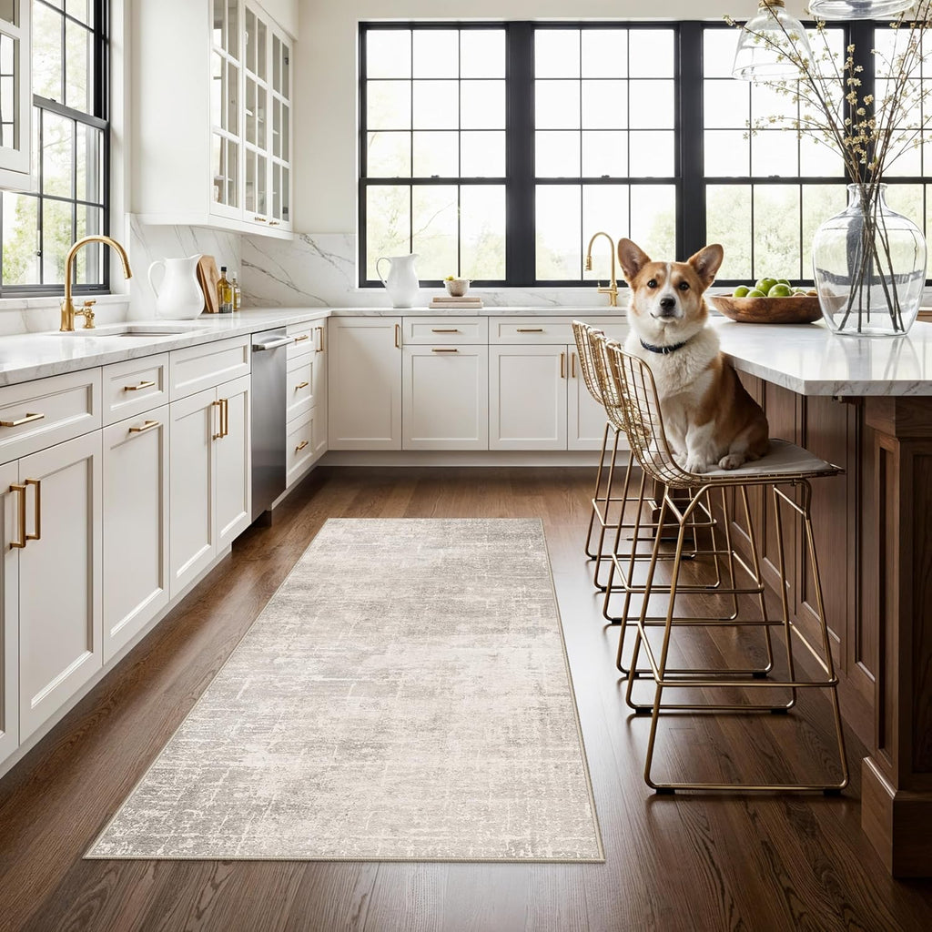 Skiennix Washable 3x5 Kitchen Area Rug - Non-Slip, Water-Resistant, Soft Beige/Cream Doormat
