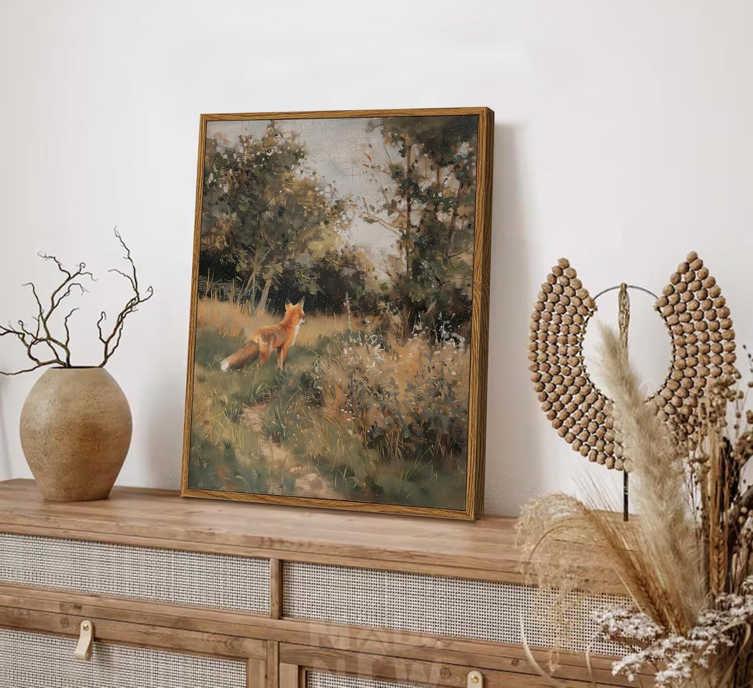 Vintage Fox Canvas Wall Art - Charming Forest Animal Oil Painting for Living Room & Bedroom Decor