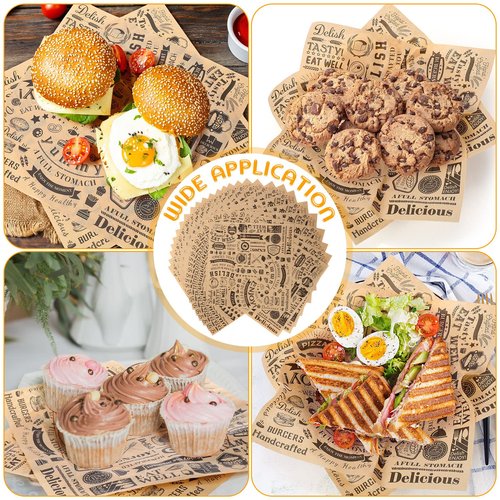 400 Pcs Deli Wax Paper Sheets 15 x 15 Inch Large Newsprint Sandwich Paper Wraps Greaseproof Food Basket Liners Newspaper Wrapping Square for Halloween Christmas Burger Bread BBQ Picnic (Brown Black)