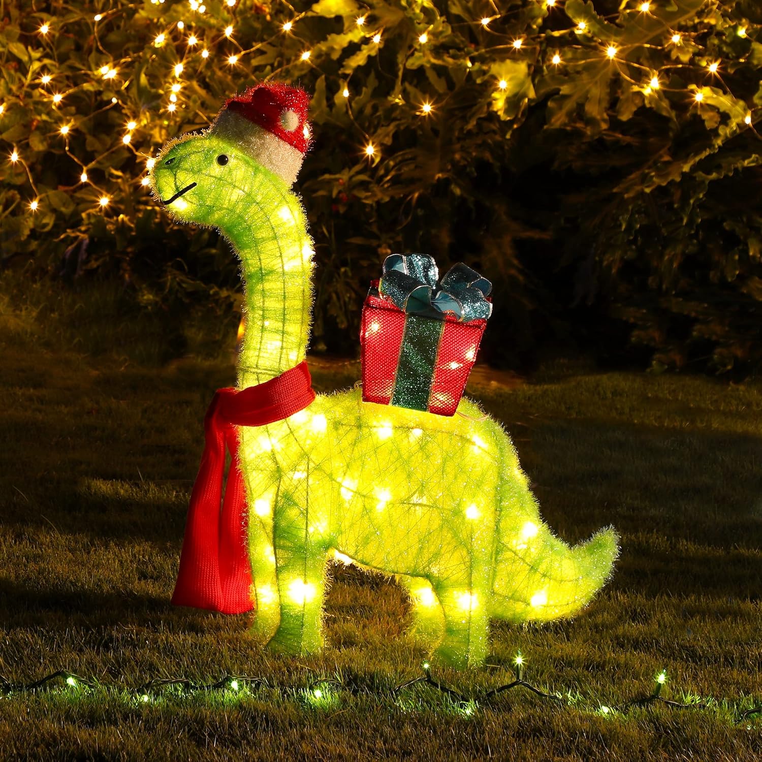 Waterglide Lighted Christmas Dinosaur - 27 Inch Pre-Lit 3D Brachiosaurus Yard Decor | Festive Holiday Display