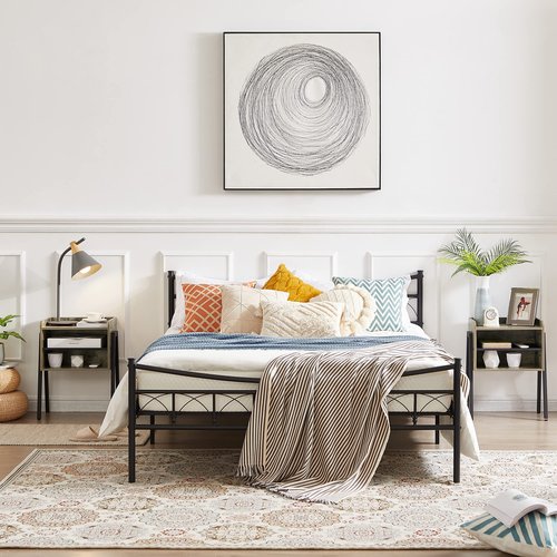 VECELO Night Stand Industrial End Table,Bedside Table with 2-Tier Open Storage Compartments,Wood Side Table with Metal Frame for Bedroom, Living Room and Small Spaces