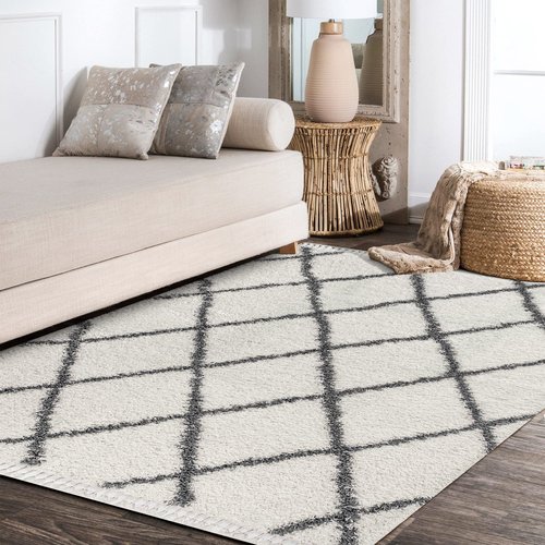 JONATHAN Y Mercer Shag Plush Tassel Cream/Gray Indoor Area Rug, 3x5, Moroccan Geometric Trellis, Transitional, Easy-Cleaning for Living Room, Bedroom, Kitchen, Non-Shedding (MCR104B-3)