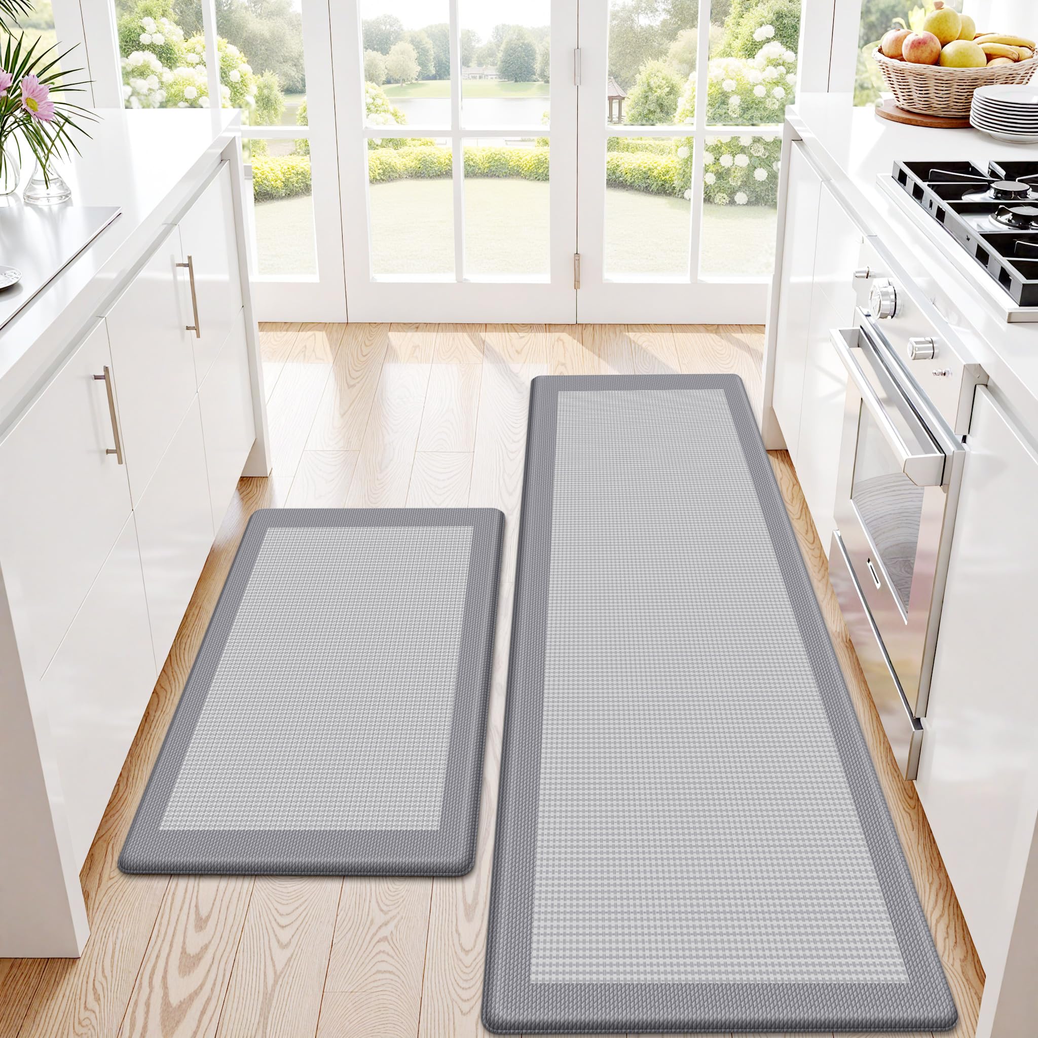 SofterCharm Kitchen Mats, 2PCS Kitchen Rugs for Floor, Cushioned Anti-Fatigue Mats for Kitchen Floor, Non-Slip Standing Desk Mat for Sink, Home, Laundry & Office, 17.3"x30"+17.3"x59" (Grey)