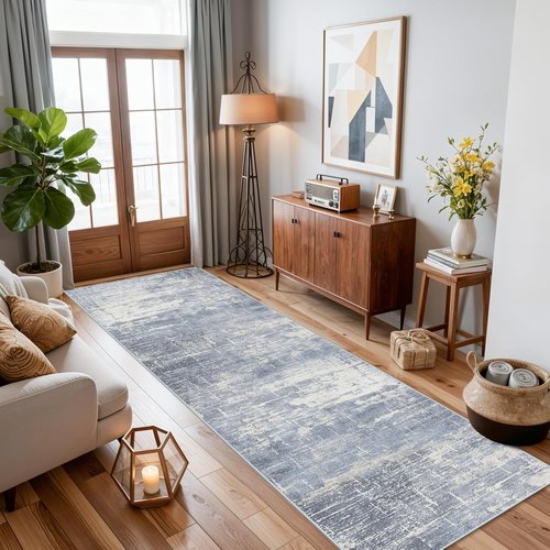 **Hallway 2x10 Washable Runner Rug - Abstract Low-Pile Stain Resistant | Cozy Non-Slip Area Rug in Blue/Ivory**