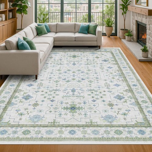 Hazo Haus Living Room Rug - Vintage Boho Floral Design | Washable 7x10 Cream Oushak Area Rug