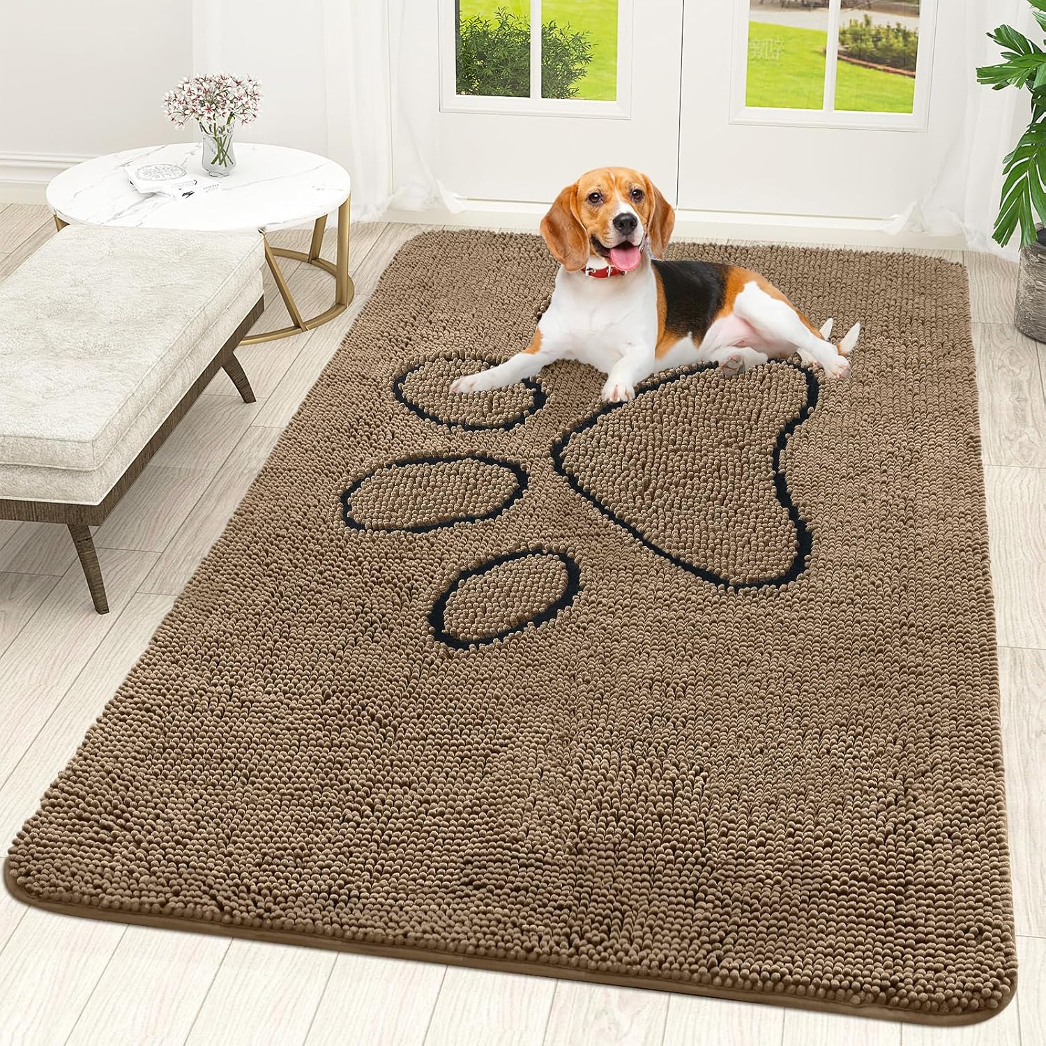 OLANLY Dog Door Mat - Absorbent Non-Slip Chenille Mat for Muddy Paws | 59x35 Tan Paw Print Design