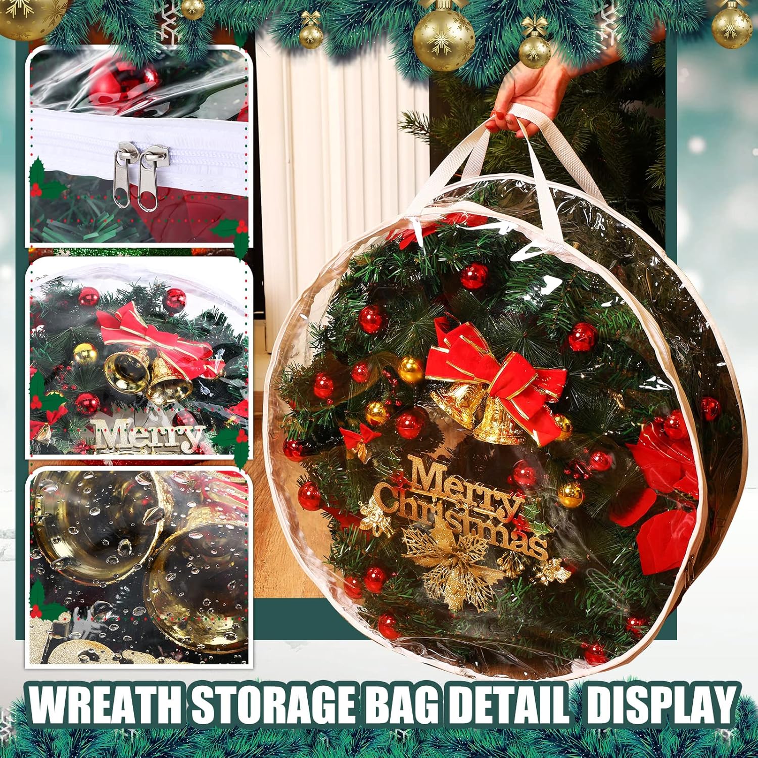 Shappy Clear Christmas Wreath Storage Container - 24 Inch Wreath Bag with Dual Zippers & Reinforced Handles