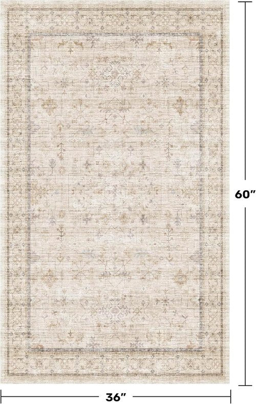 Farmhouse Bathroom Rug by Washable Cream - Non-Slip 3x5 Area Rug for Kitchen, Bedroom & Entryway - Soft Light Beige Décor