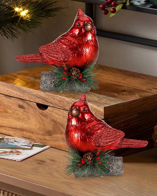 iStatue Red Cardinal Bird Figurines - Set of 2 Realistic 6.3'' Resin Statues for Holiday Home Decor