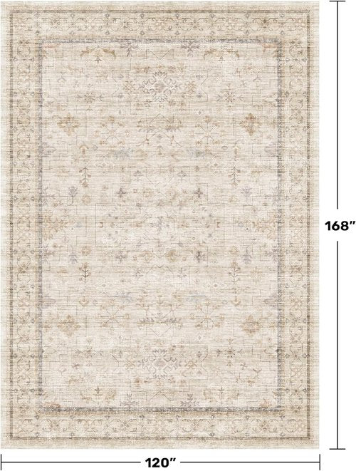Floral Area Rug by Washable | Stain Resistant 10x14 Living Room Carpet in Light Beige - Soft Vintage Design