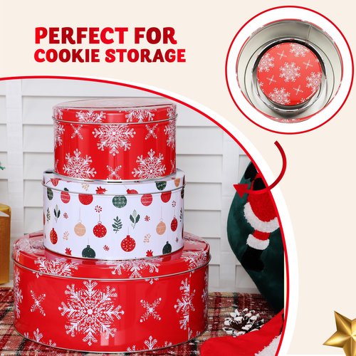 JOYIN 3PCS Christmas Cookie Tins with Lids for Gift Giving, Sturdy Holiday Baking Treat Metal Tins for Presents Wrapping, 3 Different Size Xmas Jars for Gift Giving, Party Food Dessert Containers