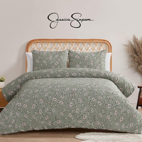 Jessica Simpson Botanical Embossed Sage Green Duvet Cover Set Queen/Full Size Bedding Set Ensemble - 3 Piece Set