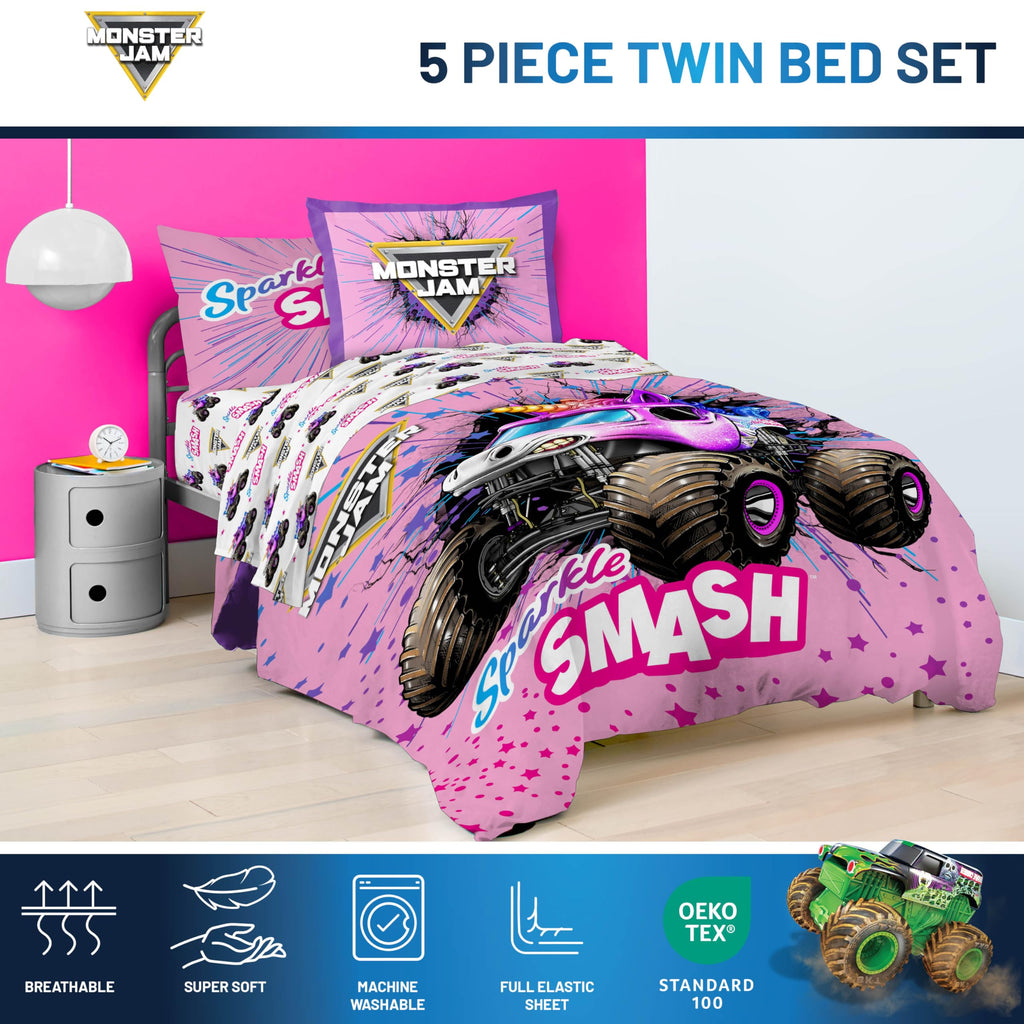 Jay Franco Kids Comforter Set Includes Sheets and Pillow Covers - Soft and Cozy Bed Set for Stylish Room Decor, Pink - Monster Jam, 5 Piece Twin Bedding
