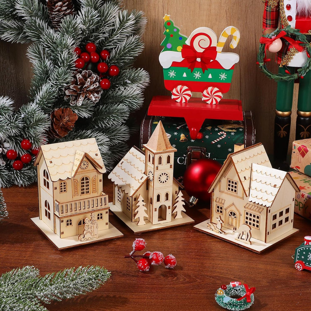Skiennix Christmas Village Houses - LED Light Wooden Decor | Unfinished Rustic Design for Holiday Centerpieces