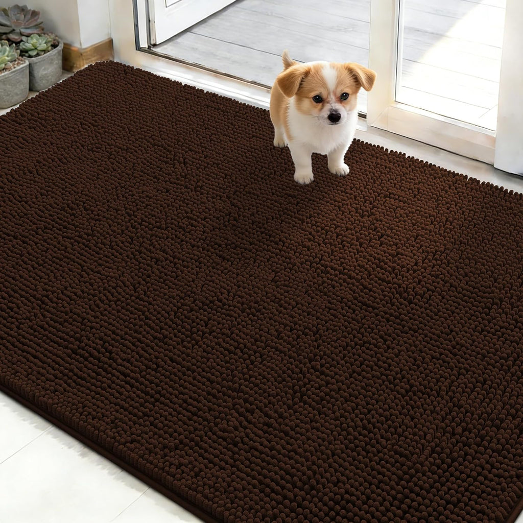 OLANLY Dog Door Mat - Absorbent Non-Slip Chenille Mat for Muddy Paws | 50x30 Inches, Brown