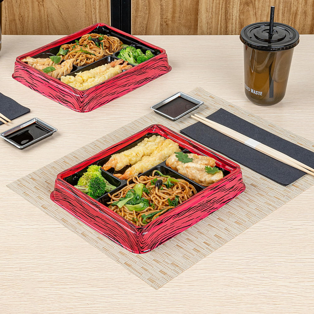 Restaurantware Bento Tek 15.2 Ounce Meal Prep Containers, 50 Disposable To Go Food Boxes - Lids Sold Separately, 4 Compartments, Red And Black Plastic Bento Lunch Boxes, Freezable, For Take Out