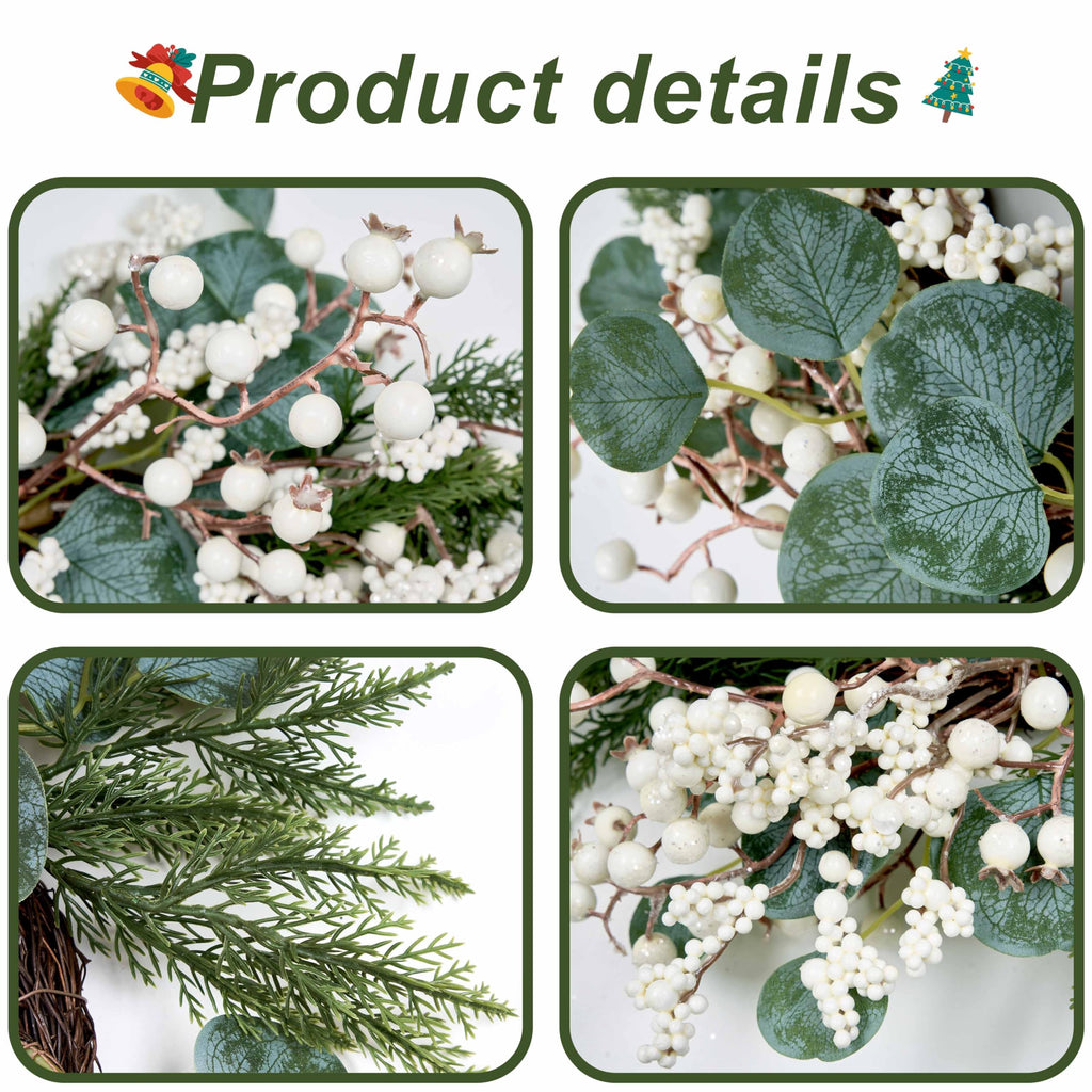 WSTPUPU Artificial Winter Wreath 22inch Christmas Wreaths for Front Door White Berry Wreath with Eucalyptus Leaves Pine Needles White Berries for Xmas Wall Farmhouse Window Winter Holidays