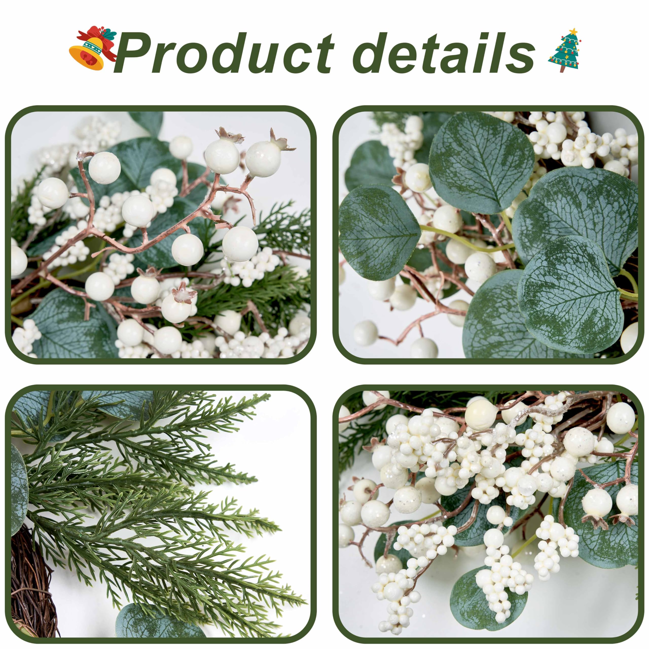 WSTPUPU Artificial Winter Wreath 22inch Christmas Wreaths for Front Door White Berry Wreath with Eucalyptus Leaves Pine Needles White Berries for Xmas Wall Farmhouse Window Winter Holidays