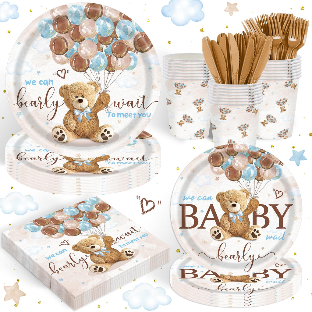 120PCS We Can Bearly Wait Party Supplies for Boys Girls Baby Shower Bear Themed Teddy Pregnancy Announcement Decorations Tableware Set Dessert Plates Napkins Cups Set for 20 Guests