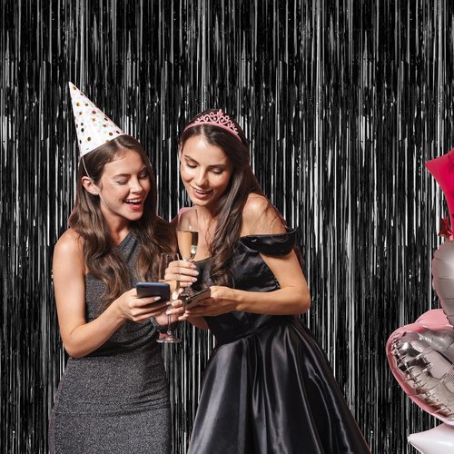 2026 Graduation Party Decorations - Skiennix Black Backdrop & Metallic Fringe Curtains | 3.28 FT x 7.05 FT